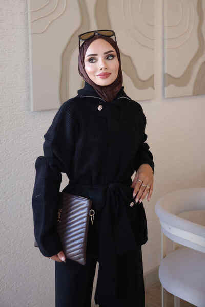 İmajButik Siyah Corsman Premium Hırka Pantolonlu Triko Takım