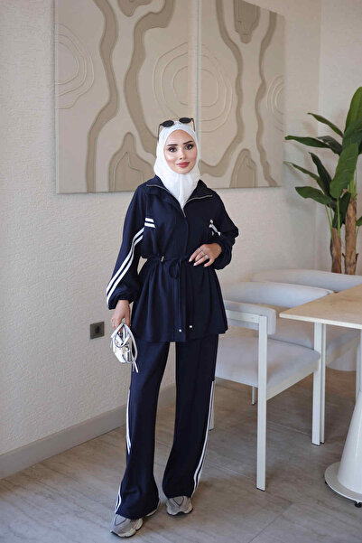 İmajButik Lacivert Fermuarlı Şeritli Tunik Pantolonlu Takım