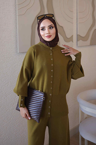 İmajButik Yağ Yeşili Corsman Premium Triko Hırka Pantolonlu Takım