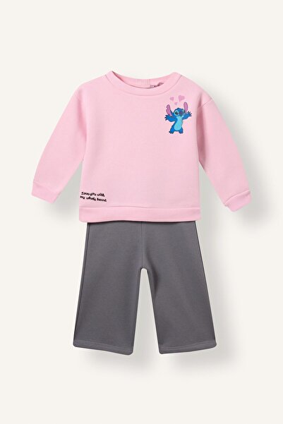 DeFacto Disney Lilo & Stitch Printed Top Wide Cut Bottom 2-Piece Set Baby Gir...
