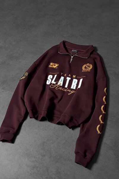 Slatra Men's Burgundy Team Racing Oversize Half Zip Sweatshirt