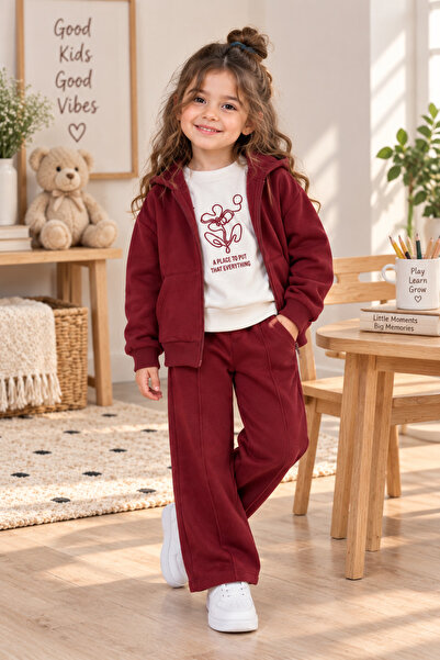 Neo Kids Kız Çocuk Bordo Kapüşonlu 3'lü Eşofman Takımı