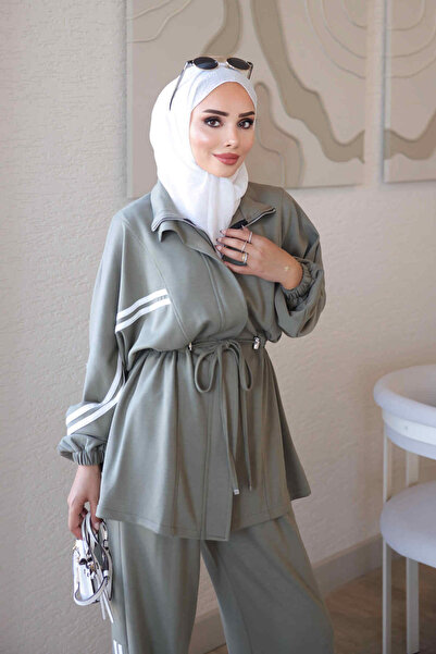 İmajButik Haki Fermuarlı Şeritli Tunik Pantolonlu Takım