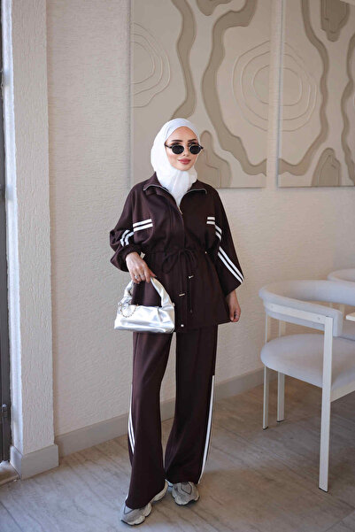 İmajButik Kahverengi Fermuarlı Şeritli Tunik Pantolonlu Takım