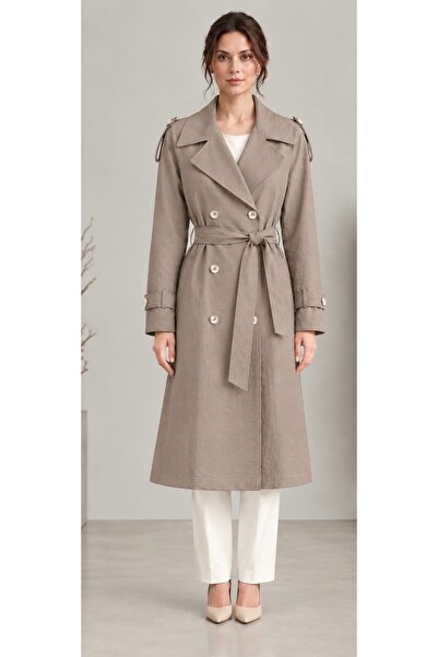 SheLoria Women's Stone Color Double-Breasted Collar Belted Long Trench Coat