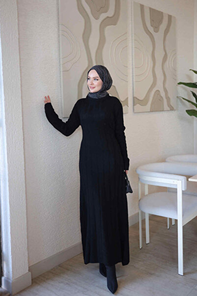 İmajButik Siyah Fitilli Bel Bağlamalı Triko Elbise