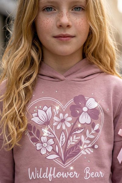 mycuess Girl's "Wildflower Bear" Premium Oysho Fabric Hooded Tracksuit Set