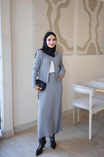 İmajButik Gray Corsman Corded Cardigan Skirted Knitwear 3-Piece Set
