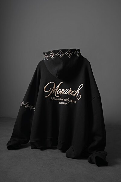 Slatra Men's Black Monarch Embroidered Oversize Full Zip Hoodie