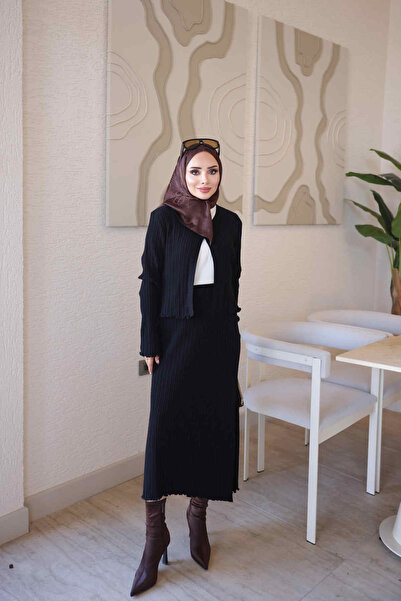 İmajButik Black Corsman Corduroy Cardigan Skirted Knitwear 3-Piece Set