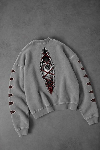Slatra Erkek Gri Eyes Nakış Özel Yıkamalı Oversize Sweatshirt