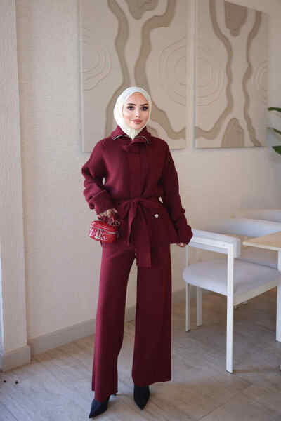 İmajButik Bordo Corsman Premium Hırka Pantolonlu Triko Takım