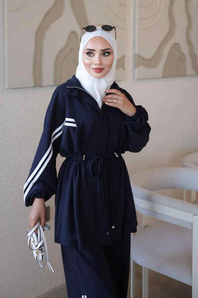 İmajButik Lacivert Fermuarlı Şeritli Tunik Pantolonlu Takım