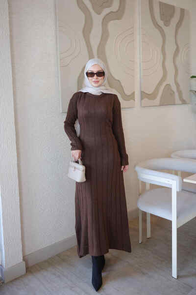 İmajButik Brown Corded Waist Tie Knitwear Dress