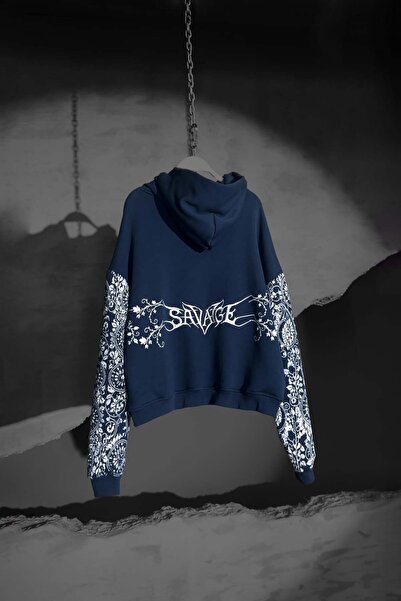 Slatra Men's Navy Blue Savage Embroidered Oversize Hoodie