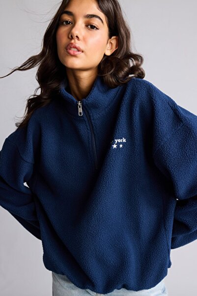 DeFacto Loose Fit Yarım Fermuarlı Nakış Detaylı Polar Sweatshirt H9935AX26WN
