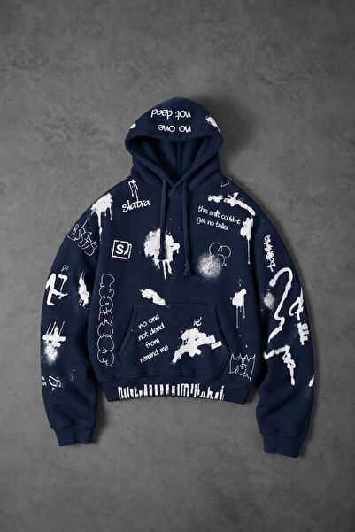 Slatra Erkek Lacivert S Grafiti Oversize Hoodie