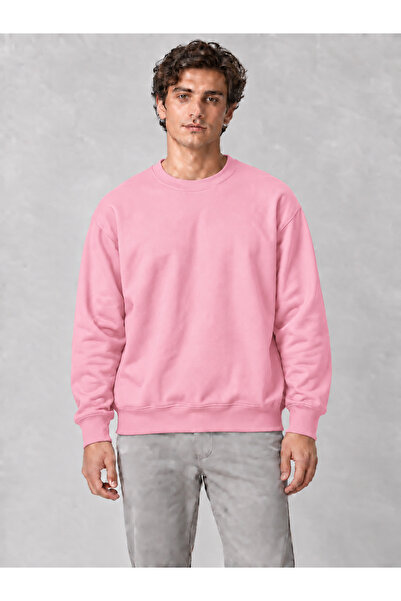 Unisex Oversize Bisiklet Yaka Ribanalı Sweatshirt Pembe 3 İplik İçi Şardonlu Basic