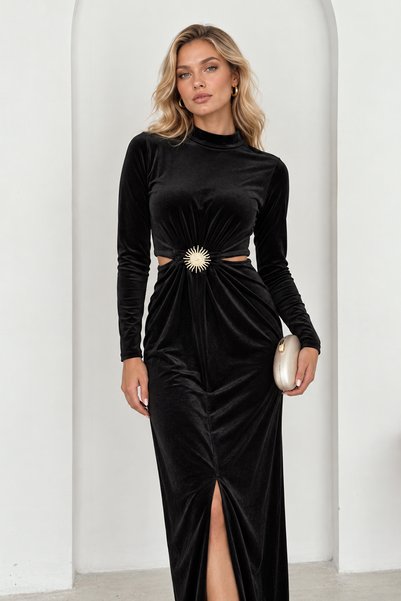 LAREON Women's Sun Accessory Side Window Slit Long Sleeve Velvet Maxi Dress Mkk1033