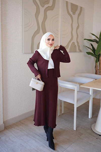 İmajButik Burgundy Corsman Ribbed Cardigan Skirted Knitwear 3-Piece Set