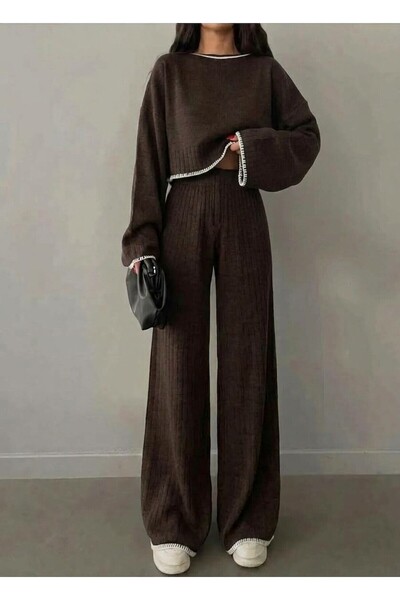 VARENZEA Women's New Season 2026 Autumn-Winter Brown Shepherd Detailed Ribbed Trousers Crop Sweater Knitwear Double Set