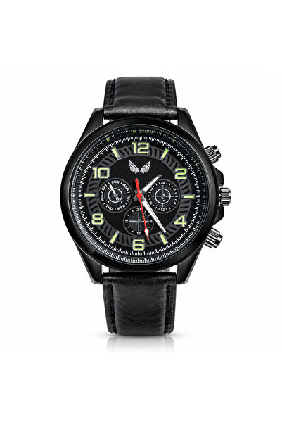 ULYSSES Men's Quartz Watch with Black Leather Belt , Black Dial and Green Acc...