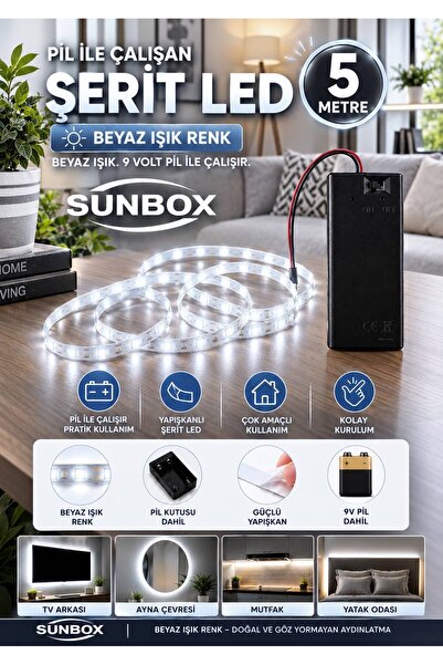 Sunbox Pilli Led Beyaz Yapışkanlı 5 Metre butonlu Pil dahildir