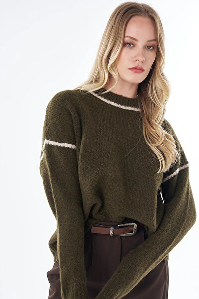Kayra Stripe Detailed Knitwear Sweater Dark Khaki