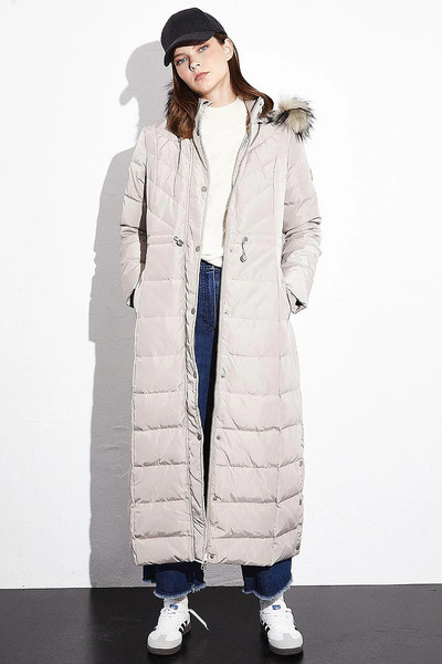 Kayra Goose Feather Filled Waist Gathered Long Coat Stone