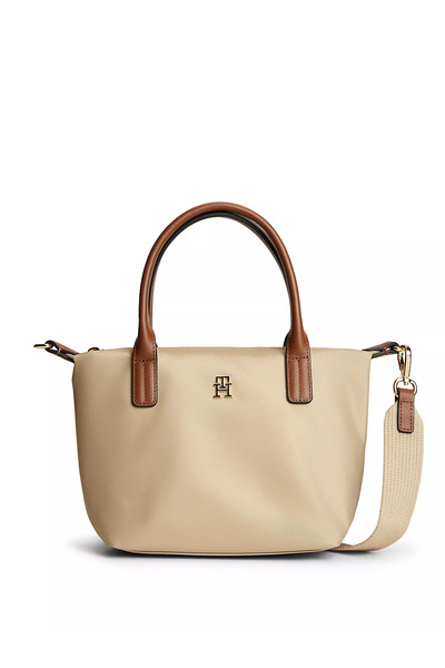 Tommy Hilfiger Women's Th Monogram Logo Zippered Short Strap Beige Bag