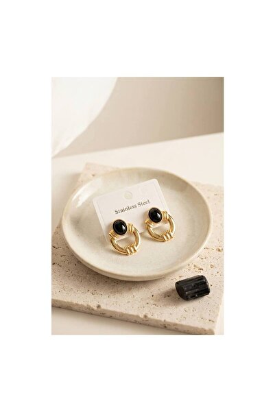evimdeyokyok 316L Steel Gold Color Vintage Black Stone Earrings Tj-Bkp12053