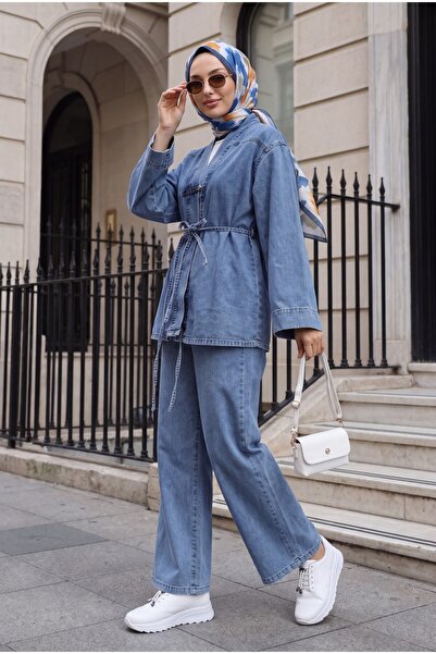 Modamorfo Buttoned Belted Wide-Legged Trousers Denim Kimono Set - Ice Blue
