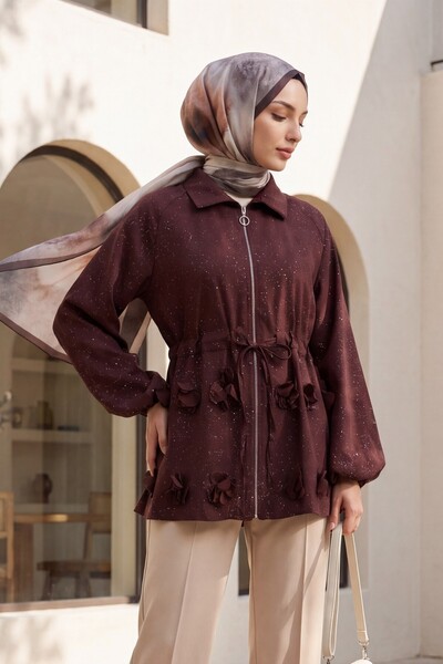 Modamorfo Sprinkled Glitter Tunnel Lace Balloon Sleeve Zippered Jacket - Burg...