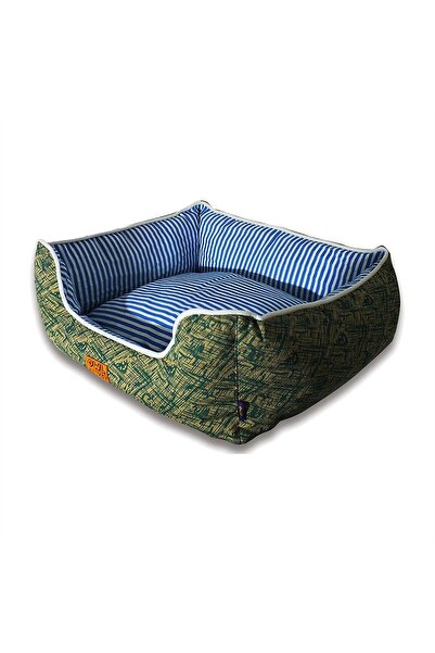 Generic Brand Cosy Bolster Pet Bed for Cats and Small Dogs - Olive Blue Stripe
