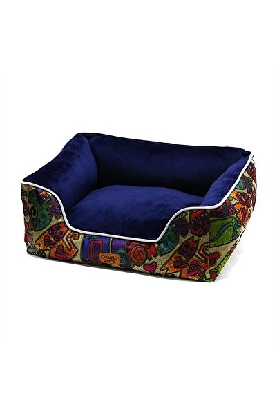 Generic Brand Cosy Bolster Pet Bed for Cats and Small Dogs - Navy Folk Print