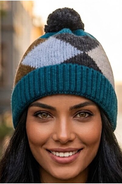 Mood Agenda Women's Pompom Folded Patterned Knitwear Winter Beanie