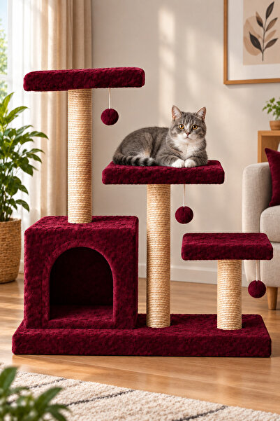 P2 Kedi Tırmalama Yuva Oyun Evi Lüks Model 3 Yataklı Geniş Yuva Silinebilir Kumaş
