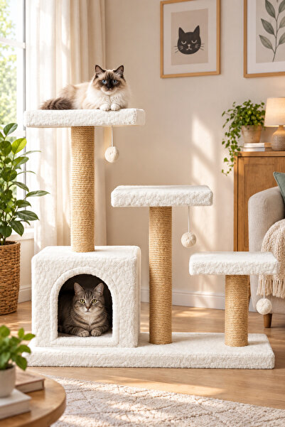 P2 Kedi Tırmalama Yuva Oyun Evi Lüks Model 3 Yataklı Geniş Yuva Silinebilir Kumaş
