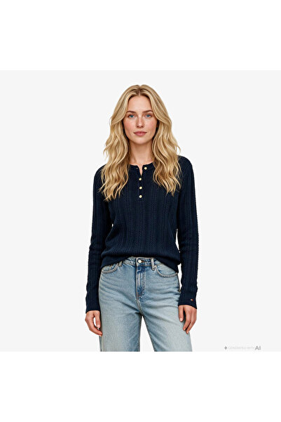 Tommy Hilfiger Mini Cable Pointelle Henley Kadın Lacivert Triko
