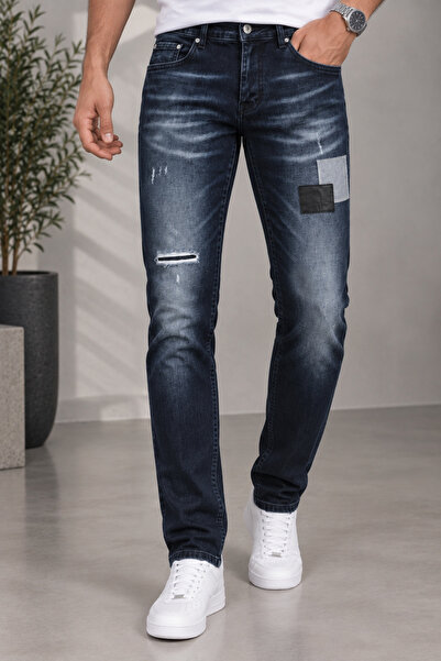 CEDY DENIM بنطلون جينز رجالي ضيق من الجلد والدنيم بتفاصيل ممزقة وتصميم عتيق C...