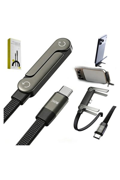 VİS Cablu USB-C la USB-C PD 3.1, SET DE 2 BUCĂȚI, Încărcare rapidă, 1,5 m, material textil, cu SUPORT PLIABIL PENTRU TELEFON, VIS ®