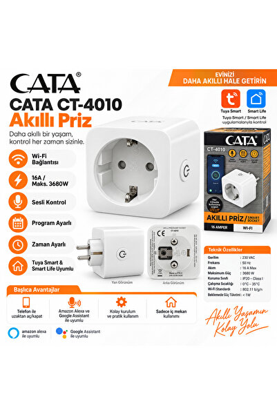 Cata CT-4010 Wi-Fi Akıllı Priz 16A 3680W Tuya Smart / Smart Life Uyumlu Zaman...