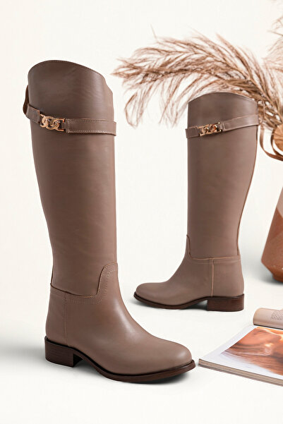 NOSEY SHOES Massi̇ Model Genuine Leather Mink Removable Buckle Thick Heel Dai...
