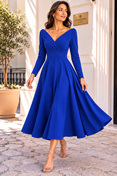 moda wanilia Κομψό Γυναικείο Μακρυμάνικο Φόρεμα με Διπλό Γιακά και Μακρύ Βραδ...