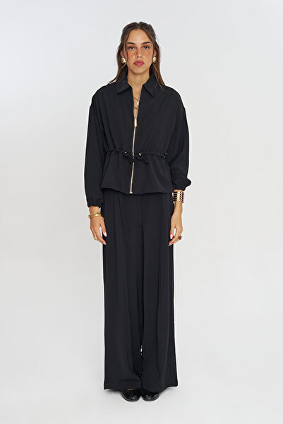 Orfeo Negro Women's Zippered, Laced Waist, Flowy Solid Color Jacket