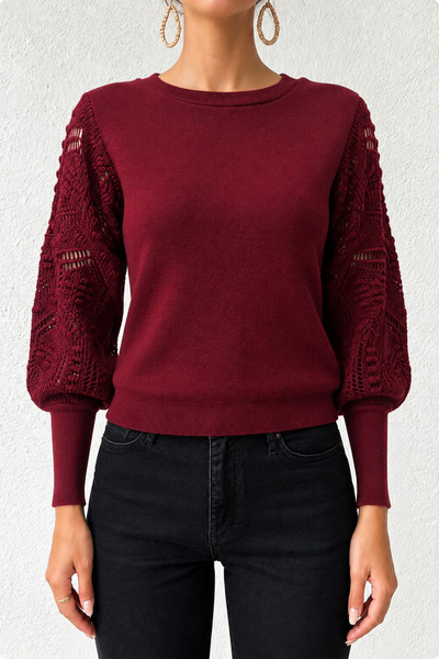 hanope Women's Crew Neck Half Fisherman Sleeve Lace Detailed Burgundy Sweater