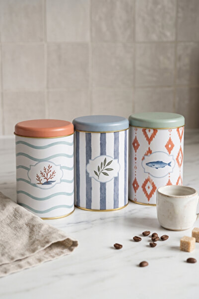 EVLE 3 Piece Round Metal Decorative Box 9 cm X 14 cm / Mediterraneo