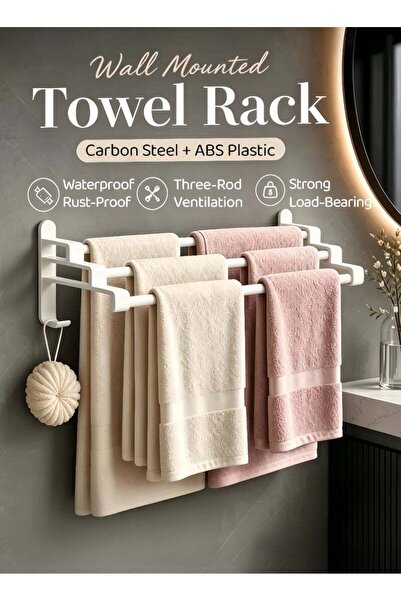 Generic 50cm Carbon Steel Towel Holder,3 Layer Towel Rack with 2 Hooks,Wall M...