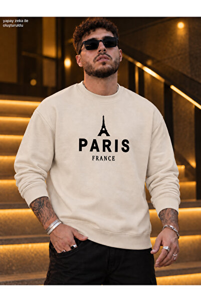 caddekombin Men's Eiffel Tower Illustration and Paris France Printed Crew Nec...
