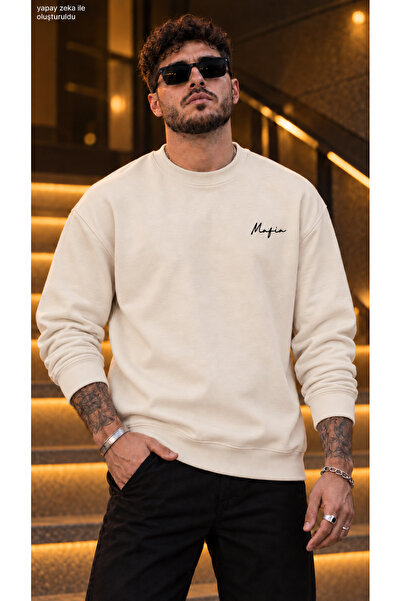 caddekombin Men's Mafia Calligraphy Written Crew Neck Casual Regular Fit Swea...